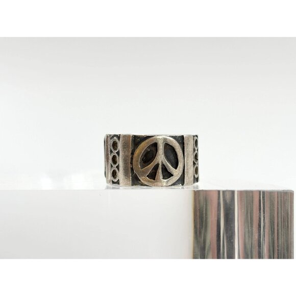 Taxco Mexico Peace Sign Cigar Banded 925 Sterling Silver Vintage Ring - sz 8.75 - Picture 11 of 13